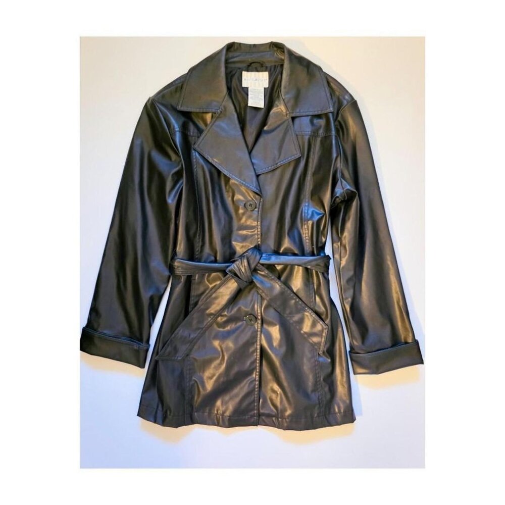 Y2K black faux leather trench jacket 🖤 White Stag belted coat